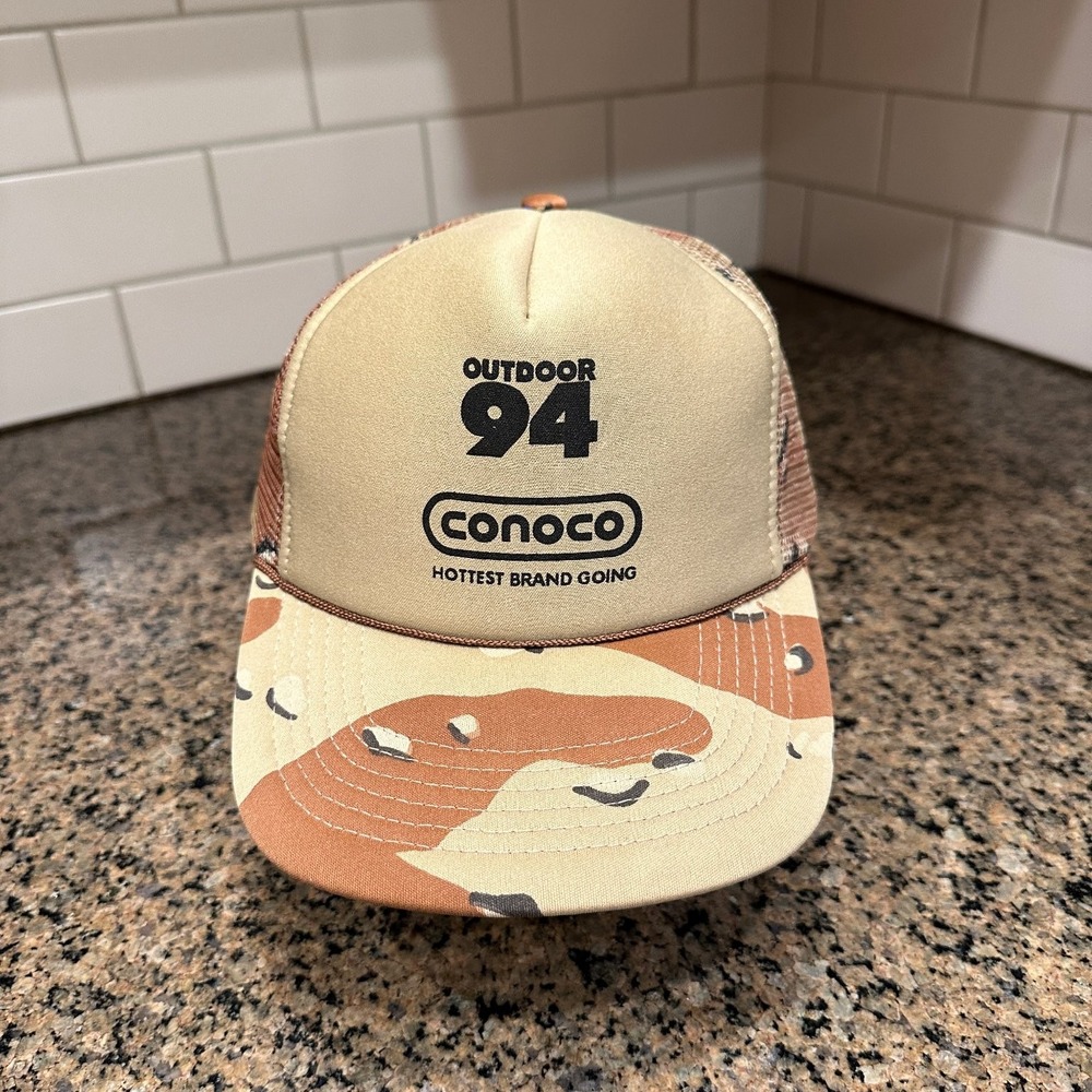 Vtg Conoco Outdoor 94 Trucker Hat Desert Camo Snapback Chocolate Chip